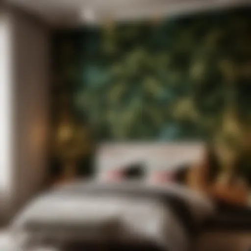 Elegant botanical wallpaper in bedroom