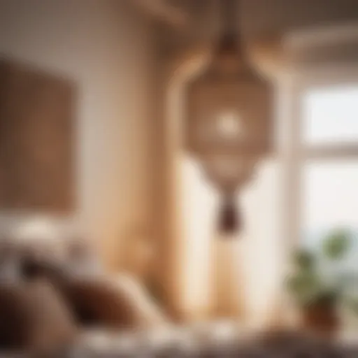 Bohemian bedroom with hanging macrame pendant light
