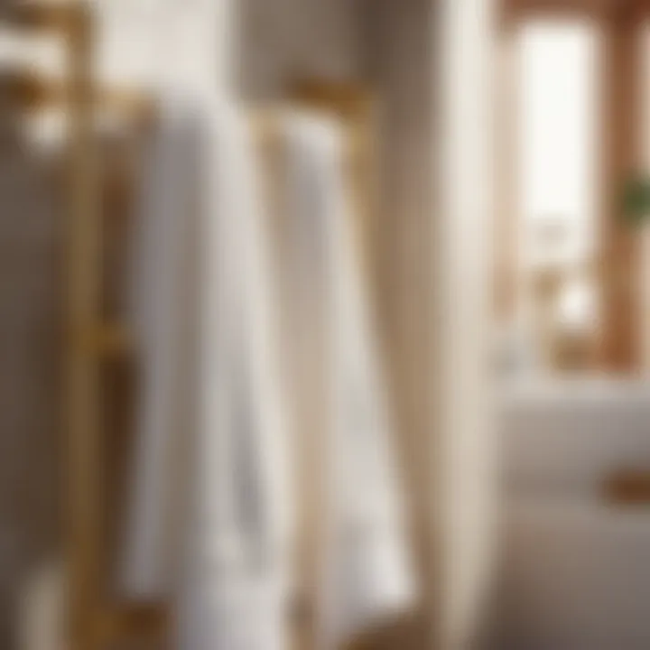 Plush White Towels Hanging on Gilded Towel Rack