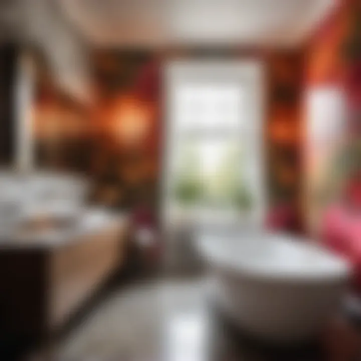 Bold artistic wallpaper adding drama to bathroom design