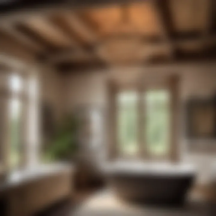 Exposed beam ceiling with modern chandelier in farmhouse bathroom