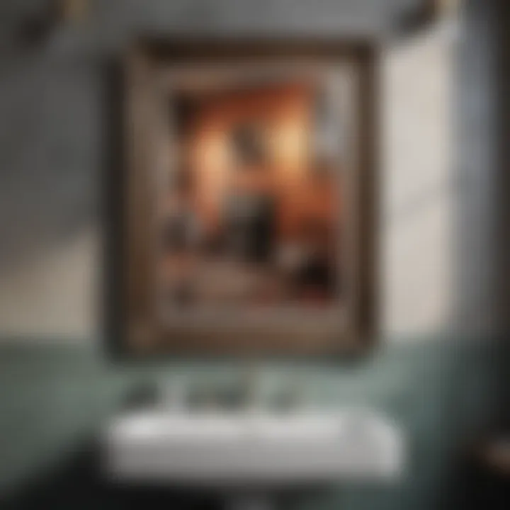 Framed Vintage Posters in Style Stylish bathroom showcasing framed vintage posters.