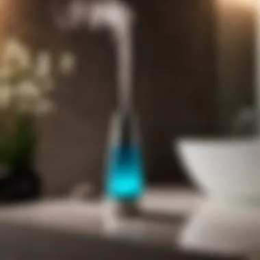 Modern ultrasonic fragrance diffuser emitting mist in contemporary bathroom