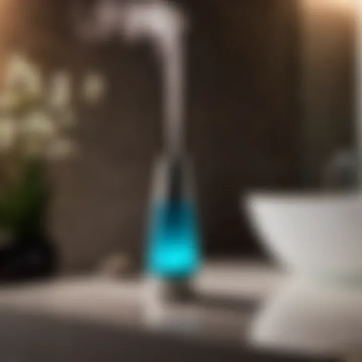 Modern ultrasonic fragrance diffuser emitting mist in contemporary bathroom