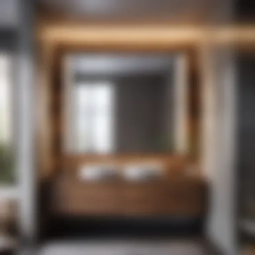 Elegant mirrored wooden bathroom cabinet reflecting light
