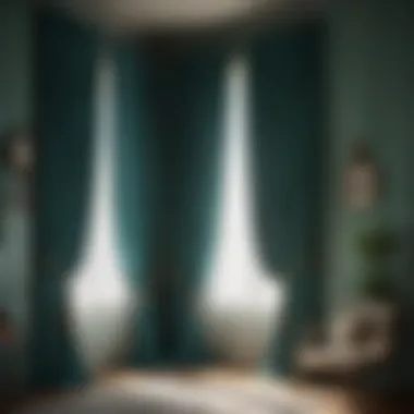 Artistic arrangement of blue and green curtain with natural light filtering through