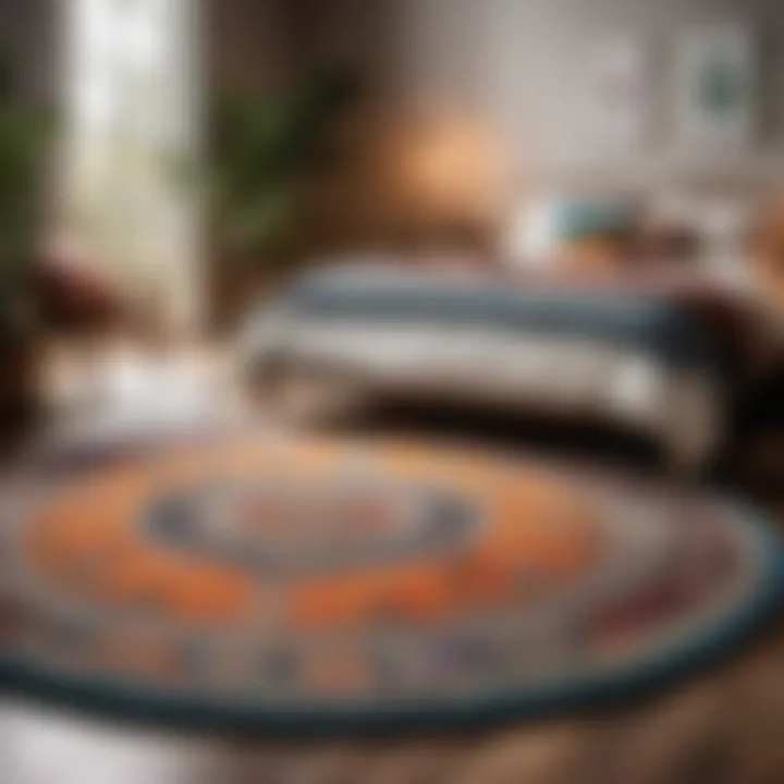 Bohemian style patterned area rug enhancing bedroom decor