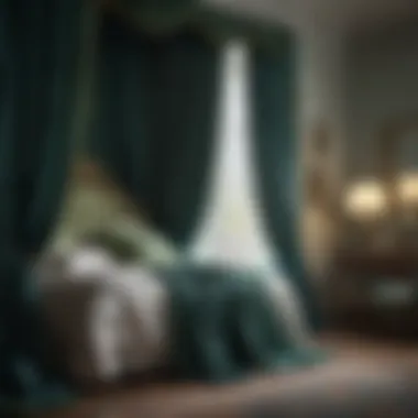 Elegant blue and green curtain draping gracefully in bedroom