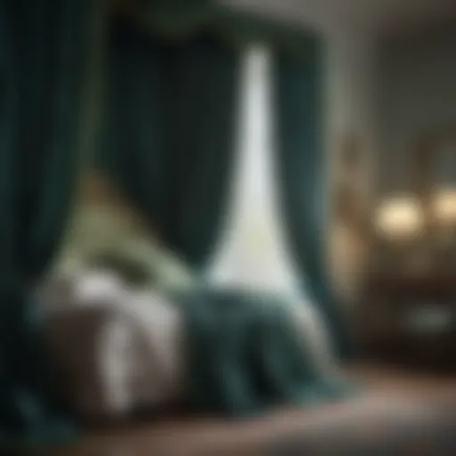 Elegant blue and green curtain draping gracefully in bedroom