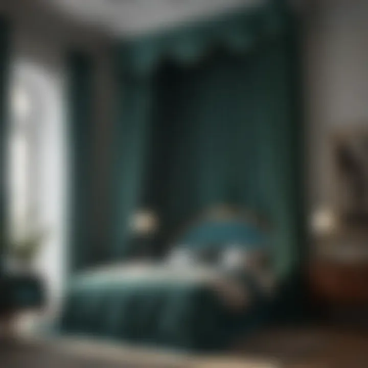 Stylish bedroom with blue and green curtain as a focal point