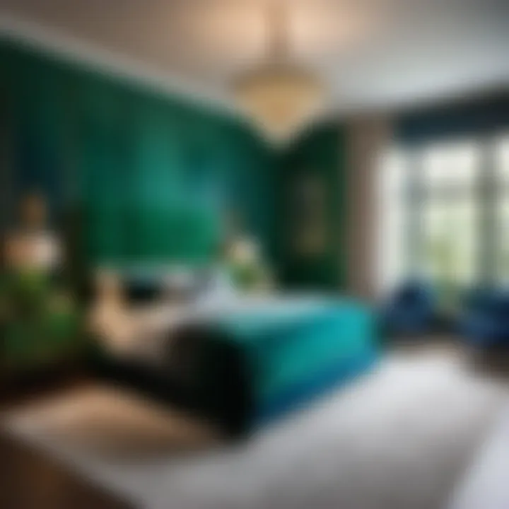 Luxurious bedroom with green and blue accents