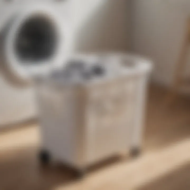 Close-up of the ergonomic handle and wheel mechanism of a plastic laundry basket designed for easy mobility.