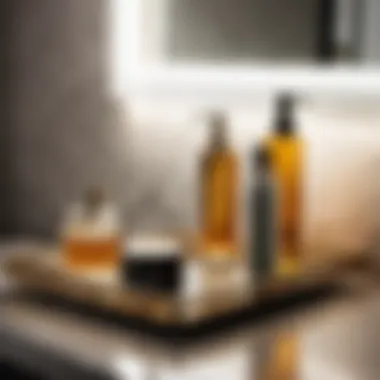 Chic Glass Vanity Tray for Grooming Essentials Minimalist glass vanity tray featuring neatly arranged grooming essentials