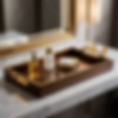 Luxurious Wooden Vanity Tray with Gold Accents Sleek wooden vanity tray with gold accents showcasing grooming products