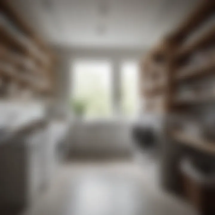 An organized laundry space for efficiency Organized laundry room with neatly arranged shelves and sorting bins