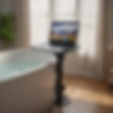 An ergonomic laptop stand positioned over a bathtub