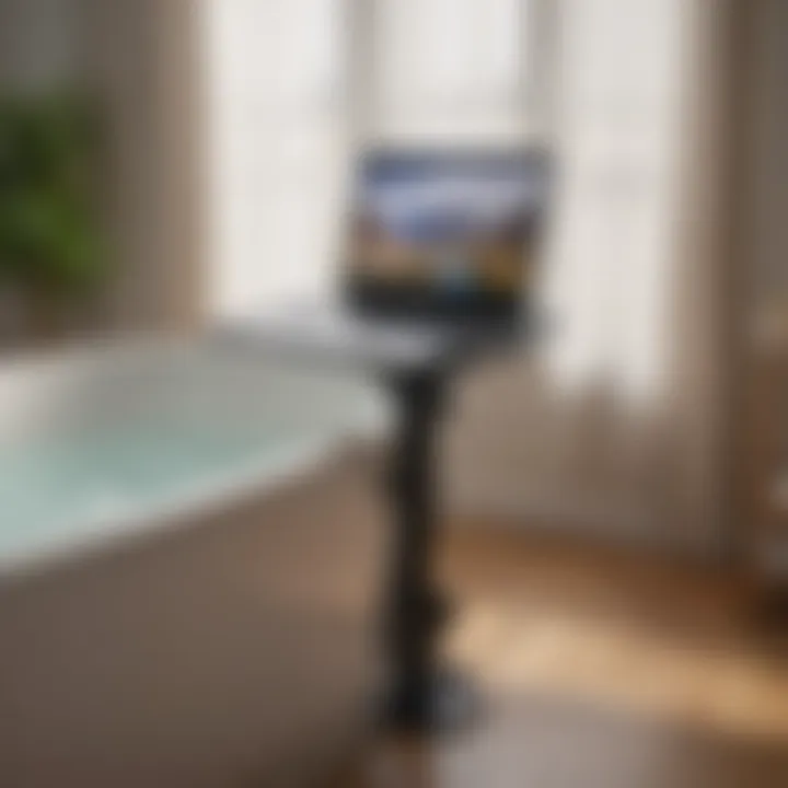 An ergonomic laptop stand positioned over a bathtub
