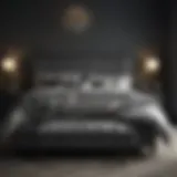 Elegant dark grey king bed with luxurious bedding