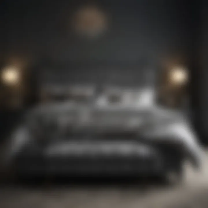 Elegant dark grey king bed with luxurious bedding