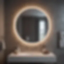 Elegant large circular mirror reflecting a modern bathroom design
