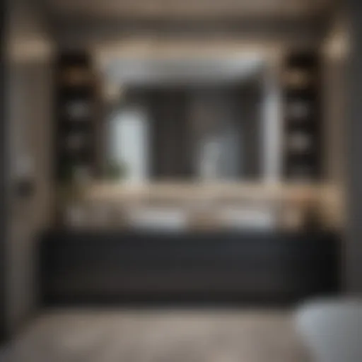 Elegant dark cabinetry with contrasting light countertops in a modern bathroom