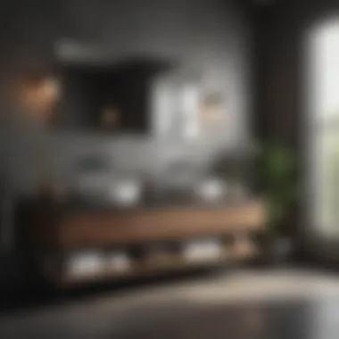 Minimalist Harmony: Dark and Pale Bathroom Elements Minimalist bathroom space highlighting the harmony of dark cabinetry and pale countertops