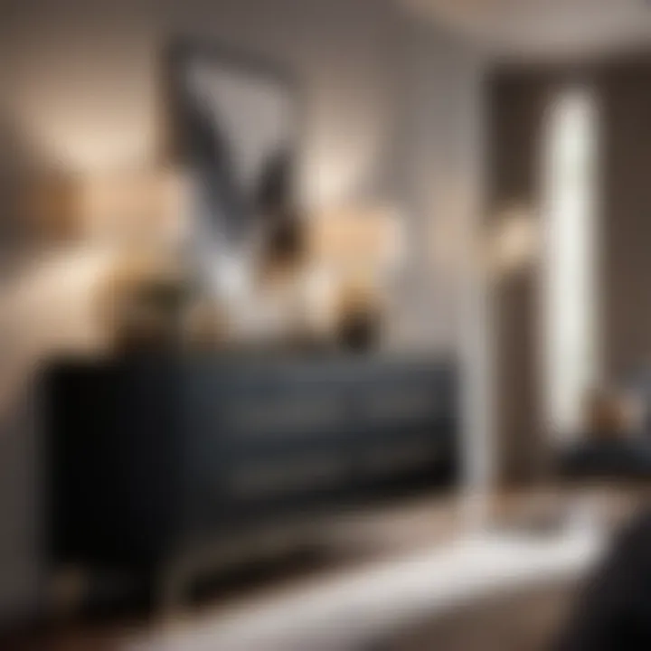 Sleek Modern Design Elegant black dresser reflecting light in a modern bedroom