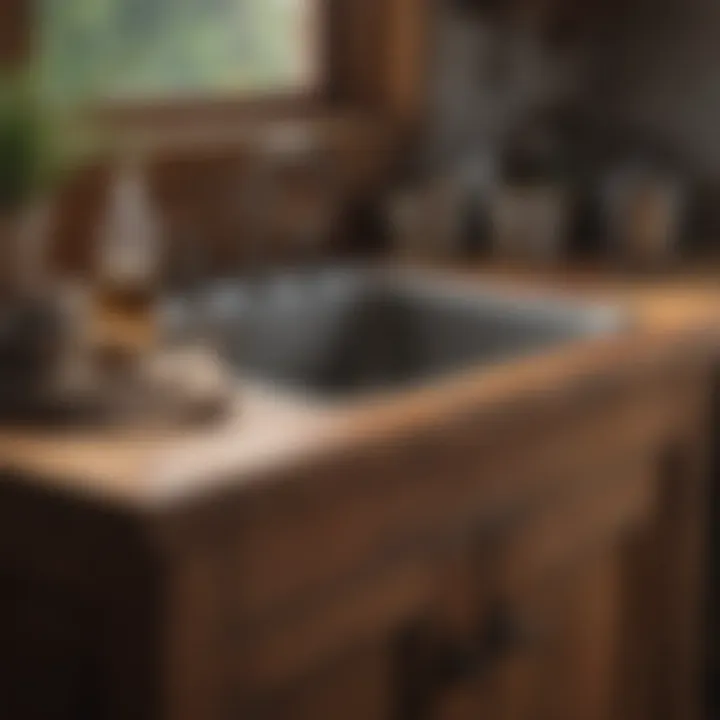 Rustic wooden countertop paired with antique laundry sink