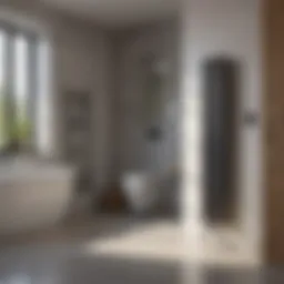 Variety of bathroom heater models displayed in a showroom