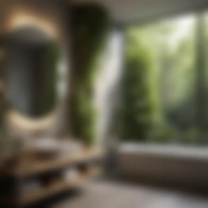 An open-concept bathroom with a calming color palette, featuring natural materials and lush greenery.