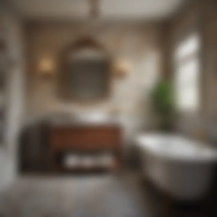 A traditional bathroom featuring vintage tiles, ornate lighting, and classic wooden cabinetry.
