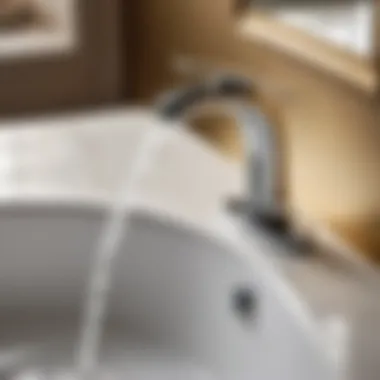 Detailed view of the ergonomic handle on a bathroom sink faucet with pull-out sprayer