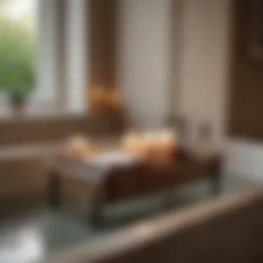 Elegant wooden bathtub caddy with candles and books