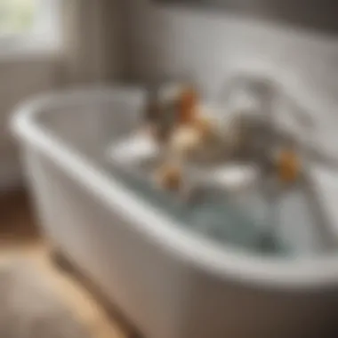Stylishly organized bathtub with a caddy holding bath essentials