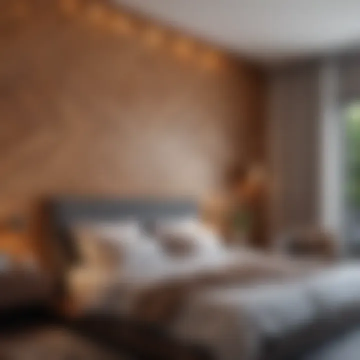 Modern Bedroom with Wooden Wall Panel Stylish wooden decorative wall panel in a modern bedroom