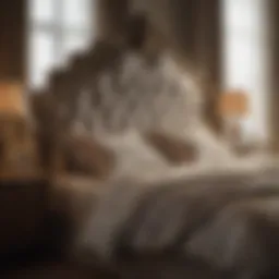 Luxurious king size bed with an elegant headboard and intricate bedding