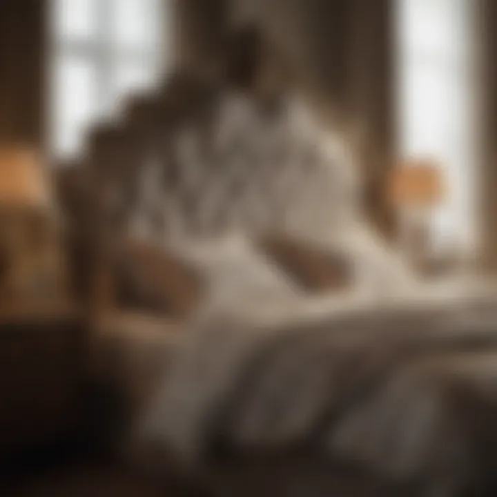 Luxurious king size bed with an elegant headboard and intricate bedding