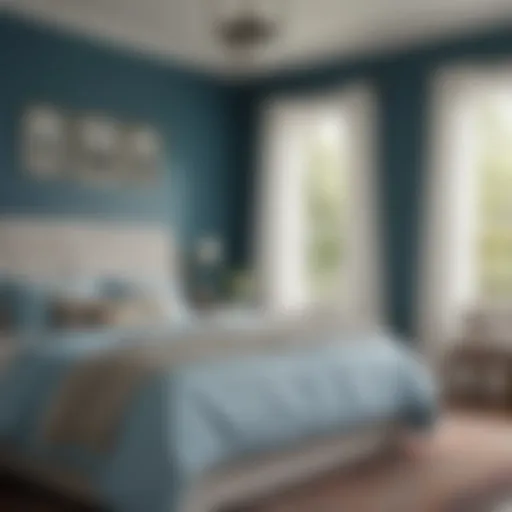 A serene blue bedroom showcasing Behr Marquee paint
