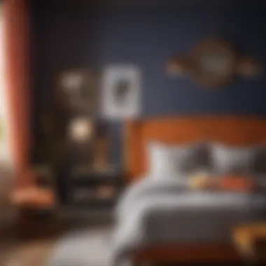 Vibrant Accents for a Lively Atmosphere A vibrant bedroom with bold accents using Behr Marquee shades