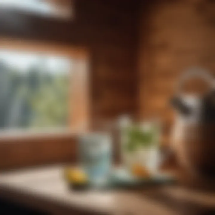 Hydration Elixir Herbal infused water pitcher and glass next to steam sauna bath