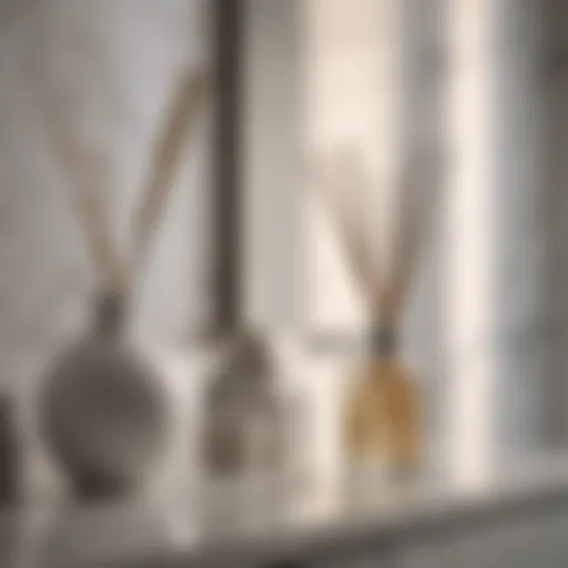 Elegant white reed diffuser on marble countertop