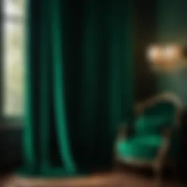 Luxurious velvet curtain in deep emerald shade