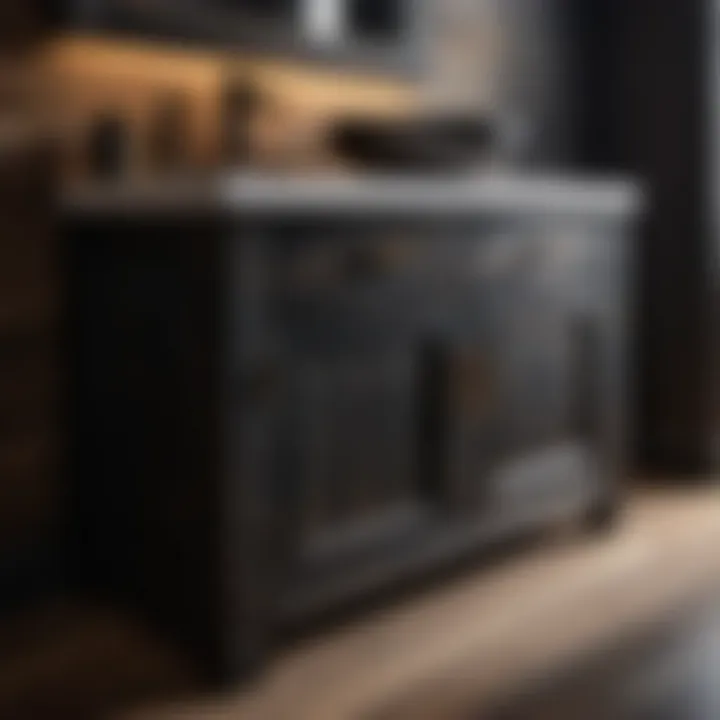 Rustic black bathroom cabinet with aged wood texture