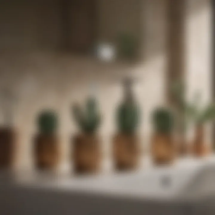 Cactus-Themed Bathroom Accessories A close-up view of cactus-themed soap dispensers and toothbrush holders in a modern bathroom setting.