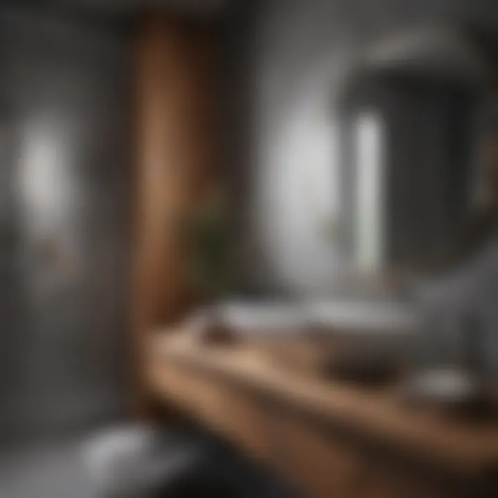 Sophisticated Harmony: Gray and Wood Elegant gray bathroom with warm wood accents