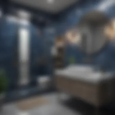 Bold Contrast: Blue and Gray Fusion Vibrant blue and gray bathroom showcasing modern fixtures