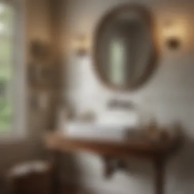 Styled Ambiance: Farmhouse Pedestal Sink in Bathroom A beautifully styled bathroom featuring a farmhouse pedestal sink