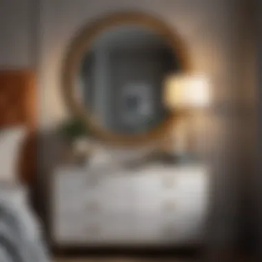 Stylish small bedroom showcasing organization with dresser and mirror