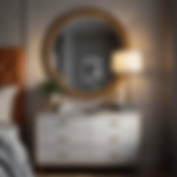 Stylish small bedroom showcasing organization with dresser and mirror