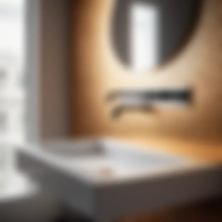 Close-up of minimalist bathroom wall sink with modern faucet